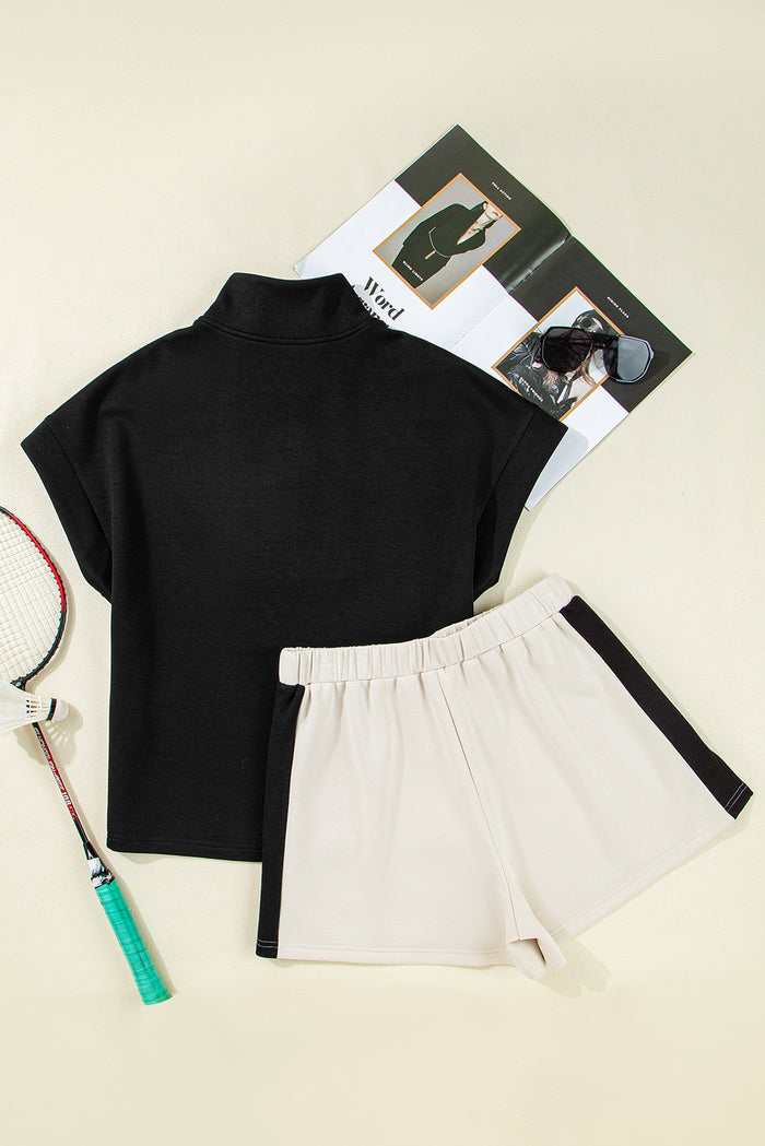 Ensemble t-shirt et short à col montant zippé contrasté noir