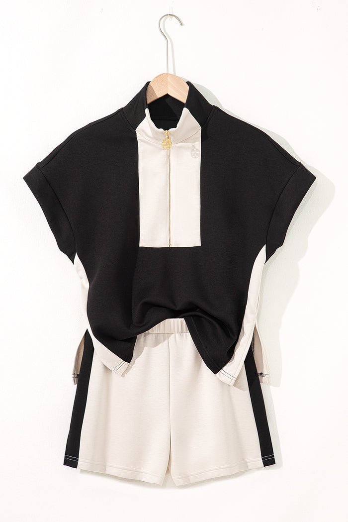 Ensemble t-shirt et short à col montant zippé contrasté noir