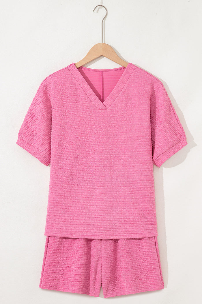 Ensemble t-shirt et short texturé rose à col en V
