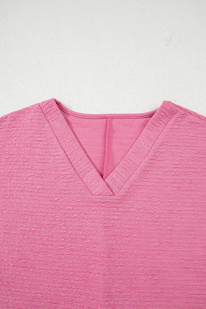 Ensemble t-shirt et short texturé rose à col en V