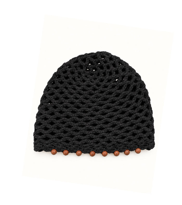 Black knit crochet cap with textured stitch pattern and beaded edge detail