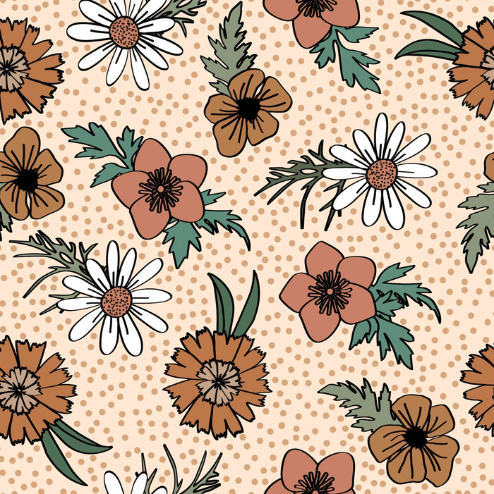 Floral pattern with brown, green, and white flowers on a beige background