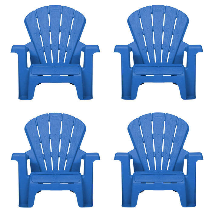 Four blue Adirondack chairs on a white background