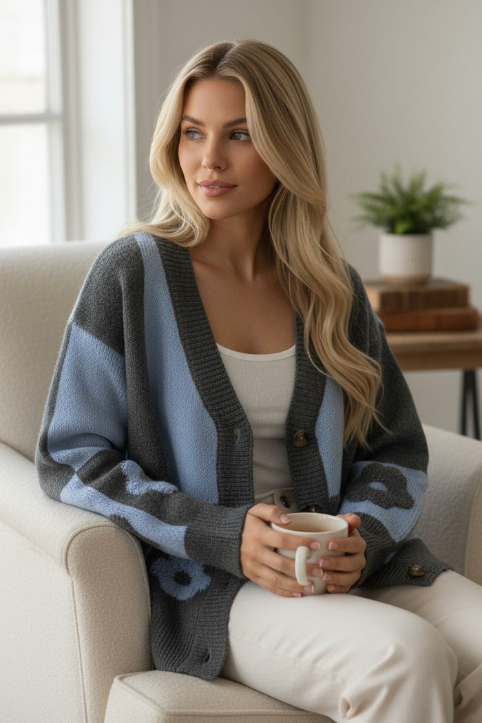 Gilet en maille jacquard "Jardin Graphique" Bleu