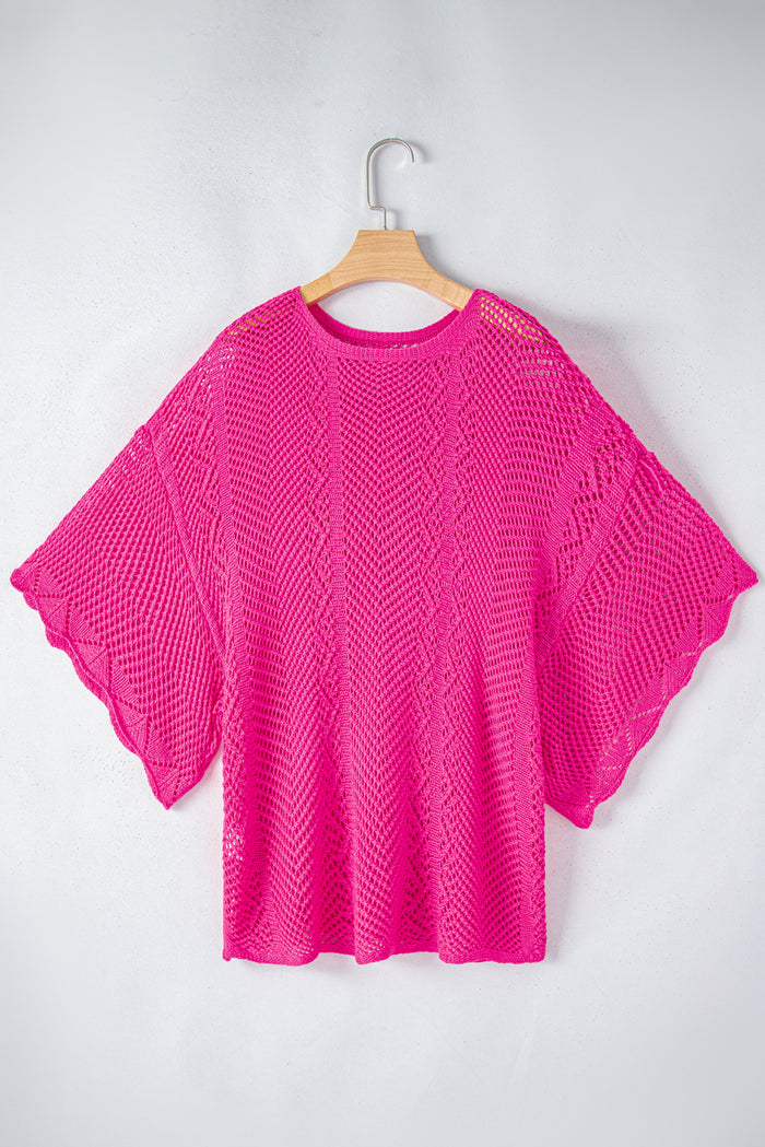 Haut à manches courtes en tricot pointelle rouge rose à bords festonnés