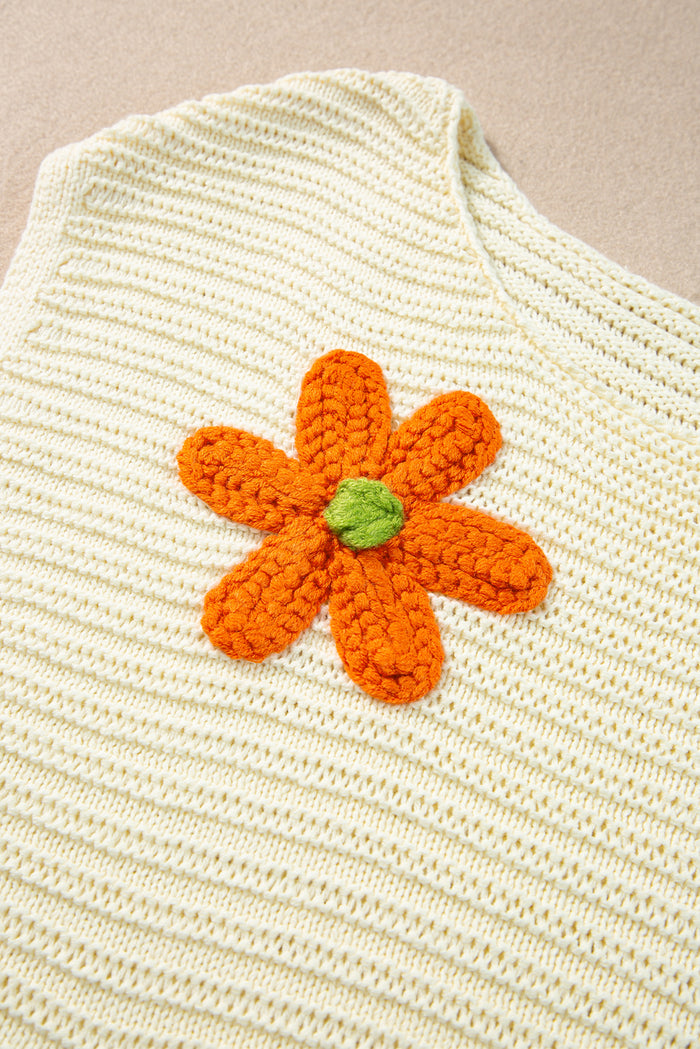 Haut tricoté à col rond en crochet à fleurs blanches