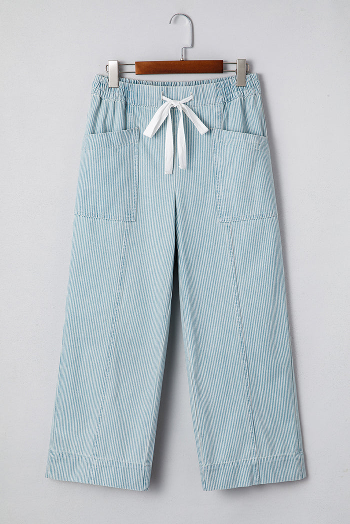 Jean à cordon de taille moyenne à rayures bleu ciel