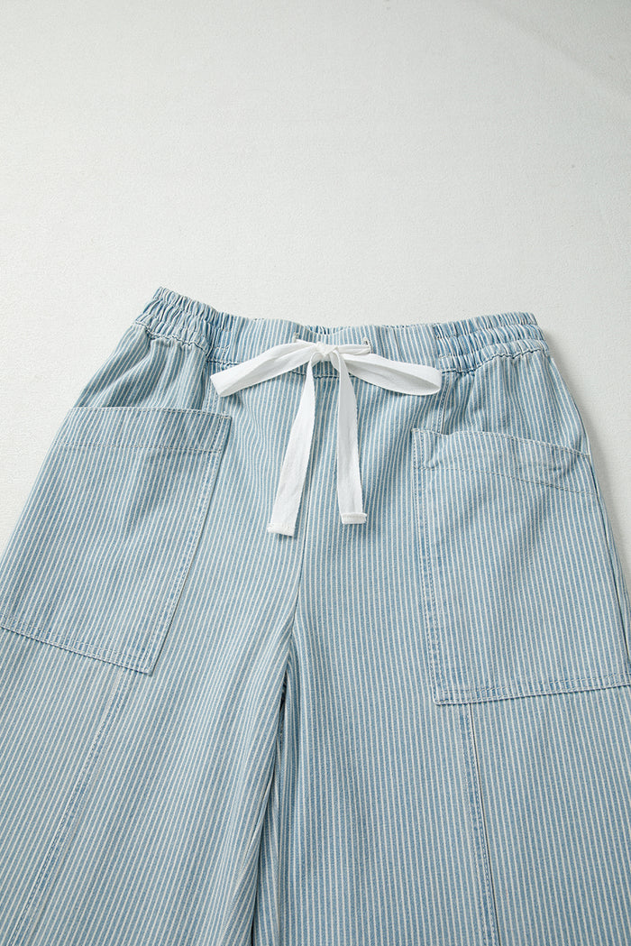 Jean à cordon de taille moyenne à rayures bleu ciel