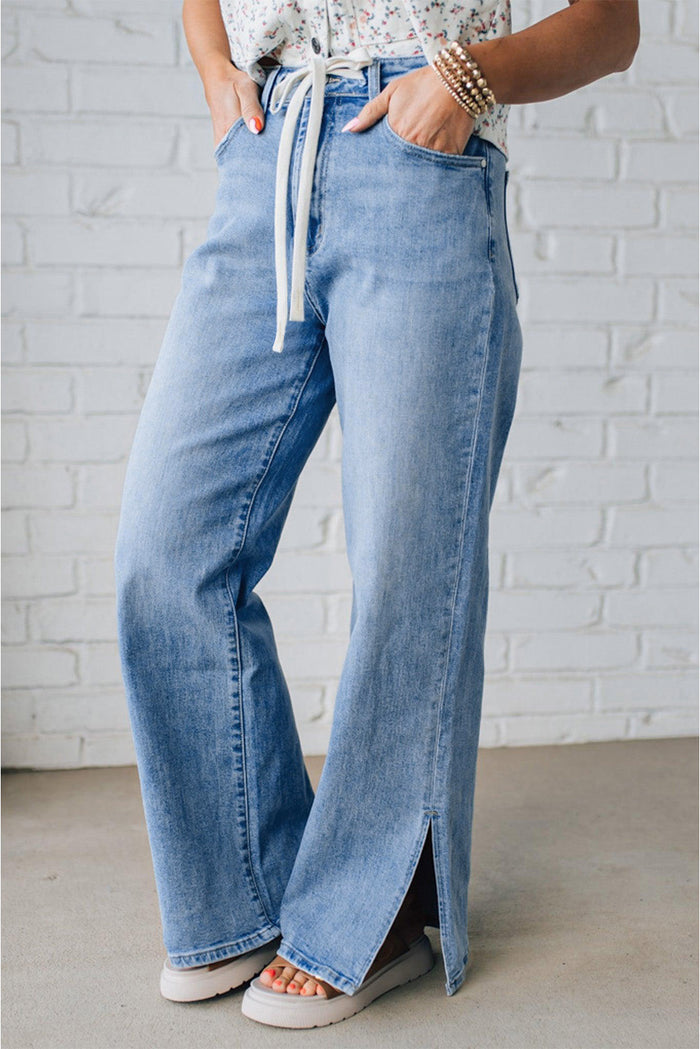 Jean à taille haute avec cordon de serrage bleu