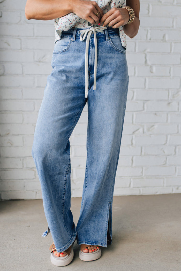 Jean à taille haute avec cordon de serrage bleu