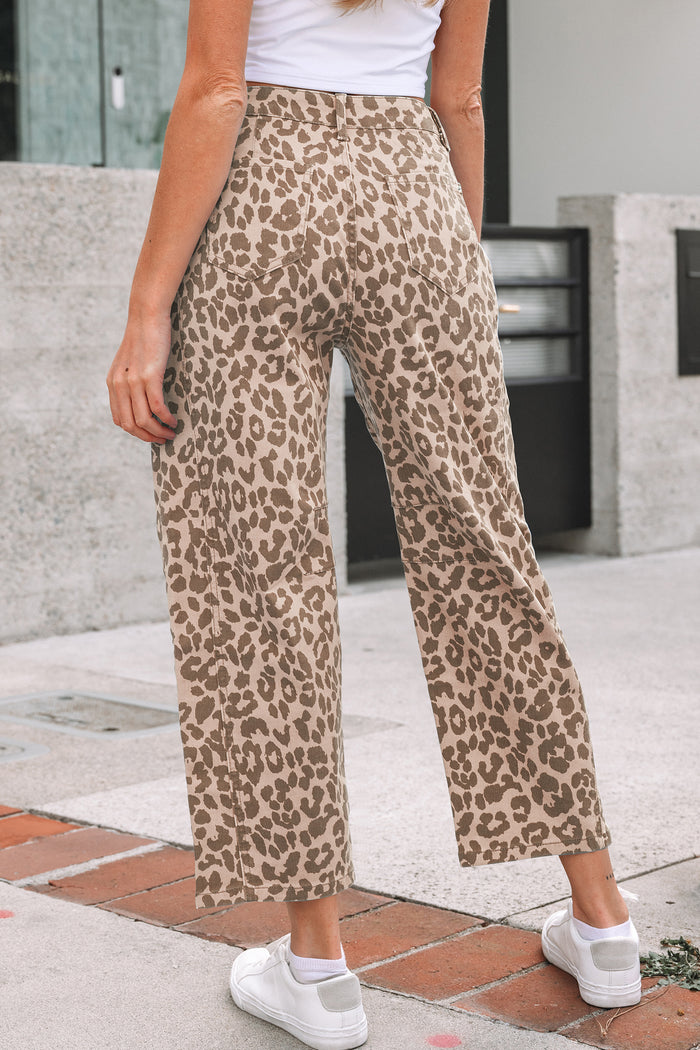 Jean ample droit beige imprimé léopard