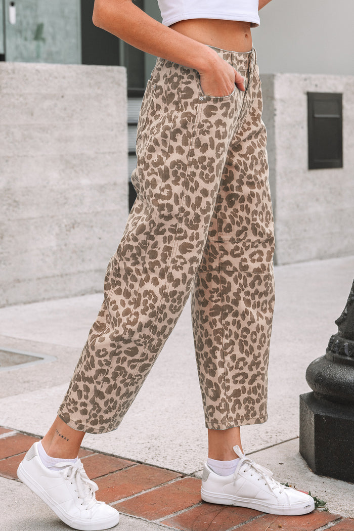 Jean ample droit beige imprimé léopard