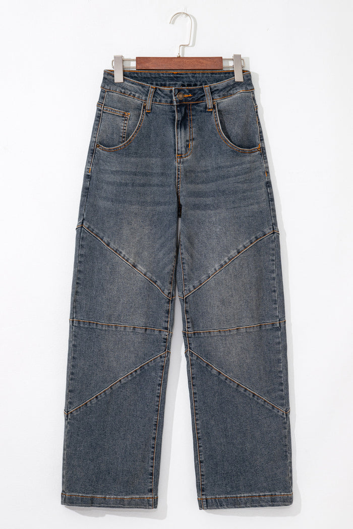 Jean baril taille haute droit ample bleu voile avec coutures apparentes
