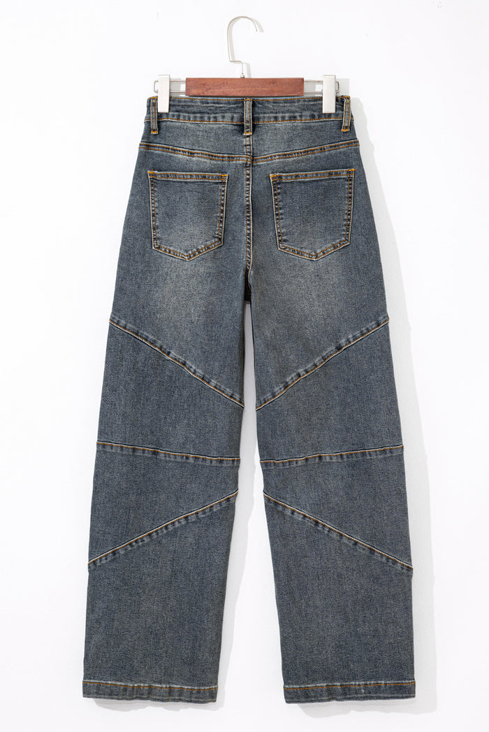 Jean baril taille haute droit ample bleu voile avec coutures apparentes