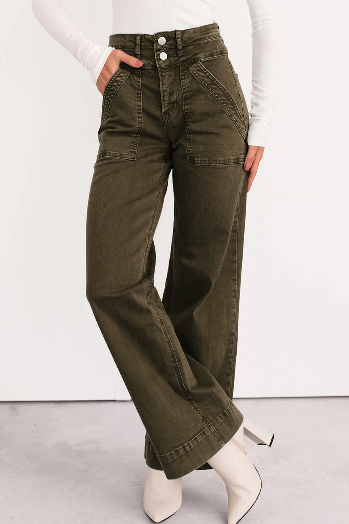 Jean droit ample à double ceinture vert jungle