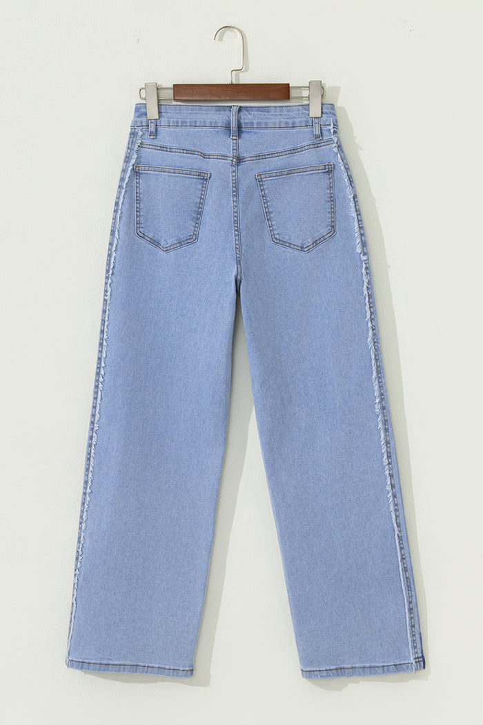 Jean droit patchwork à rayures contrastées et panneau latéral effiloché Beau Blue