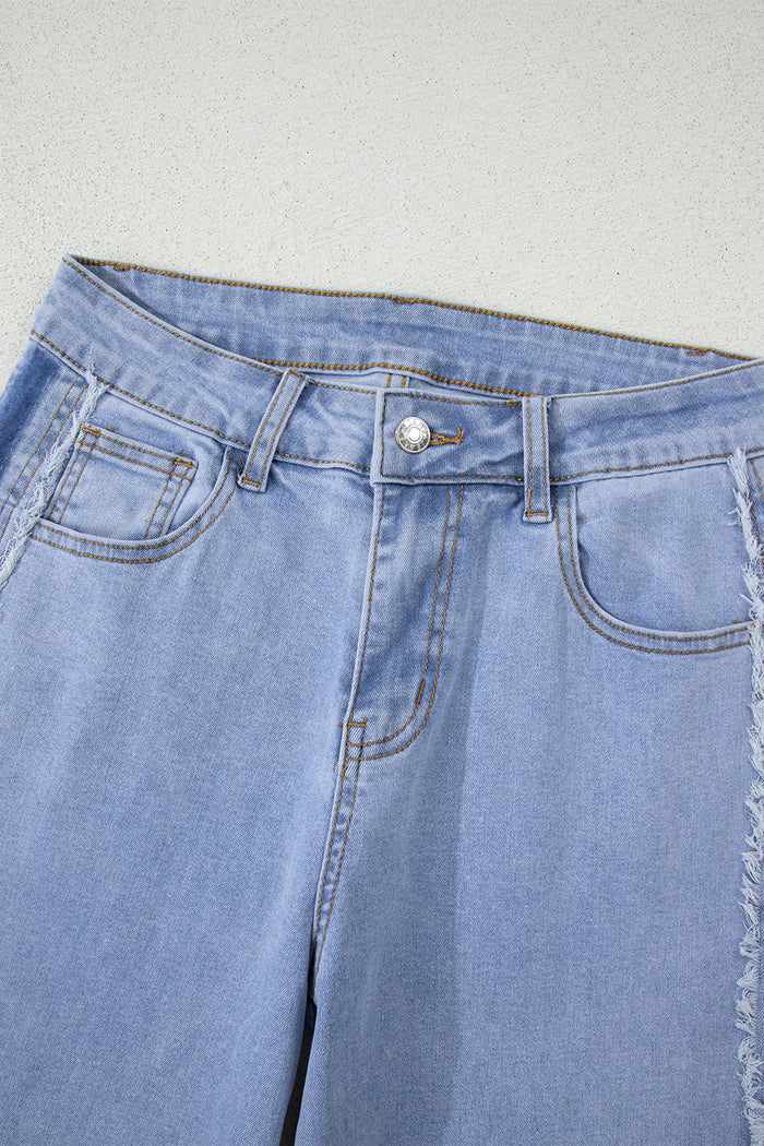 Jean droit patchwork à rayures contrastées et panneau latéral effiloché Beau Blue