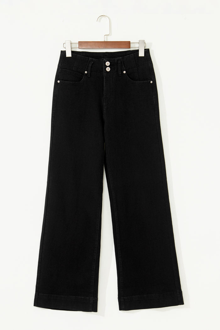 Jean large noir taille haute à 2 boutons