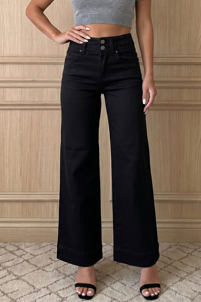Jean large noir taille haute à 2 boutons