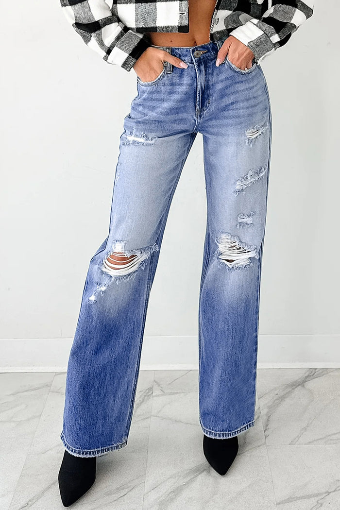 Jean Myosotis taille mi-haute effet vieilli à jambe droite