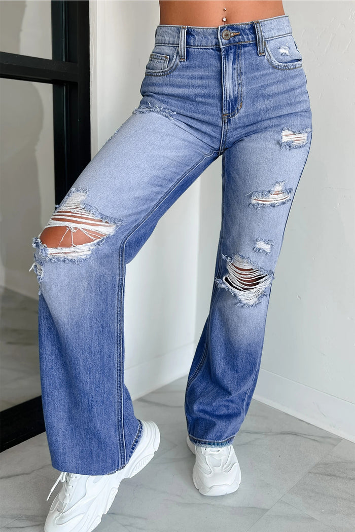 Jean Myosotis taille mi-haute effet vieilli à jambe droite