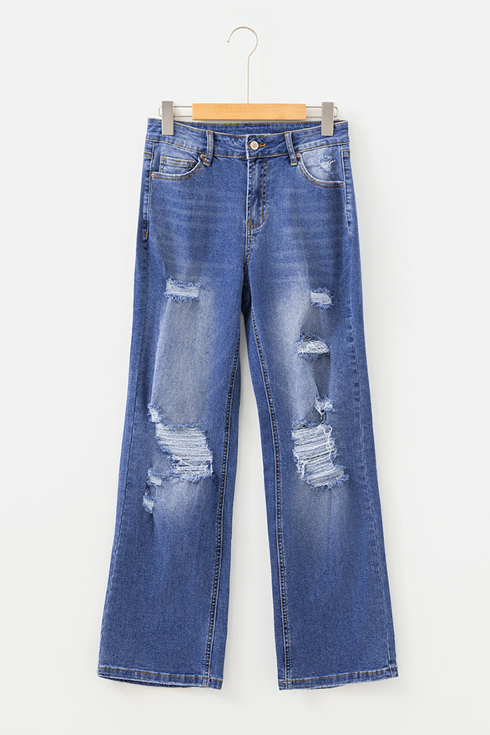 Jean Myosotis taille mi-haute effet vieilli à jambe droite