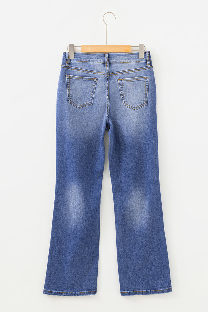 Jean Myosotis taille mi-haute effet vieilli à jambe droite
