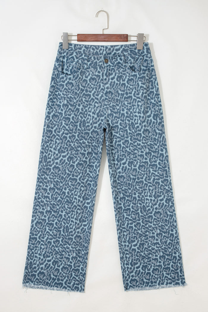 Jean taille haute à jambe large et bord effiloché léopard bleu ciel