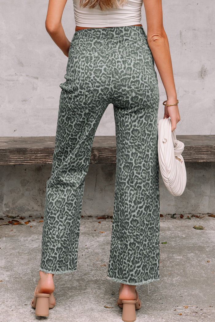 Jean taille haute à jambe large et bord effiloché léopard gris