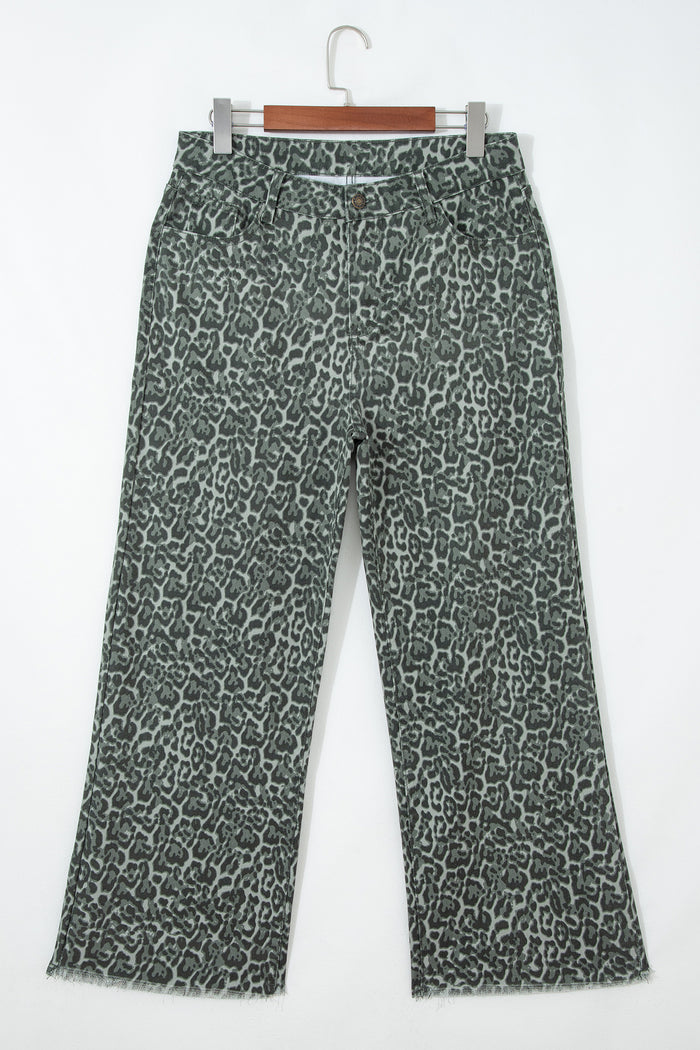 Jean taille haute à jambe large et bord effiloché léopard gris