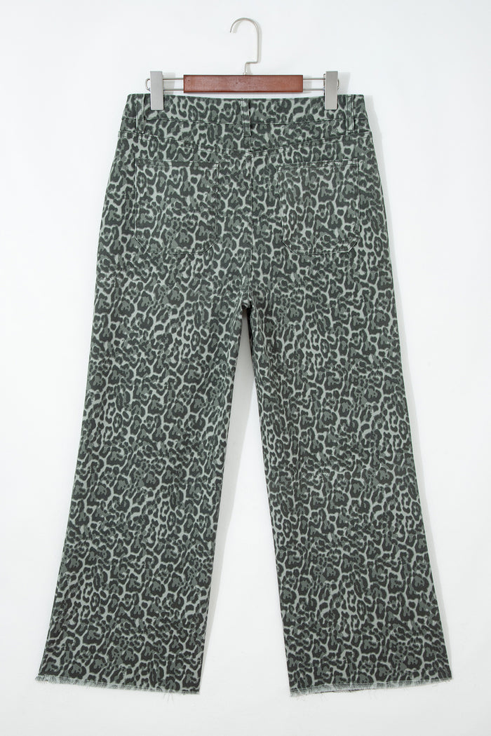 Jean taille haute à jambe large et bord effiloché léopard gris