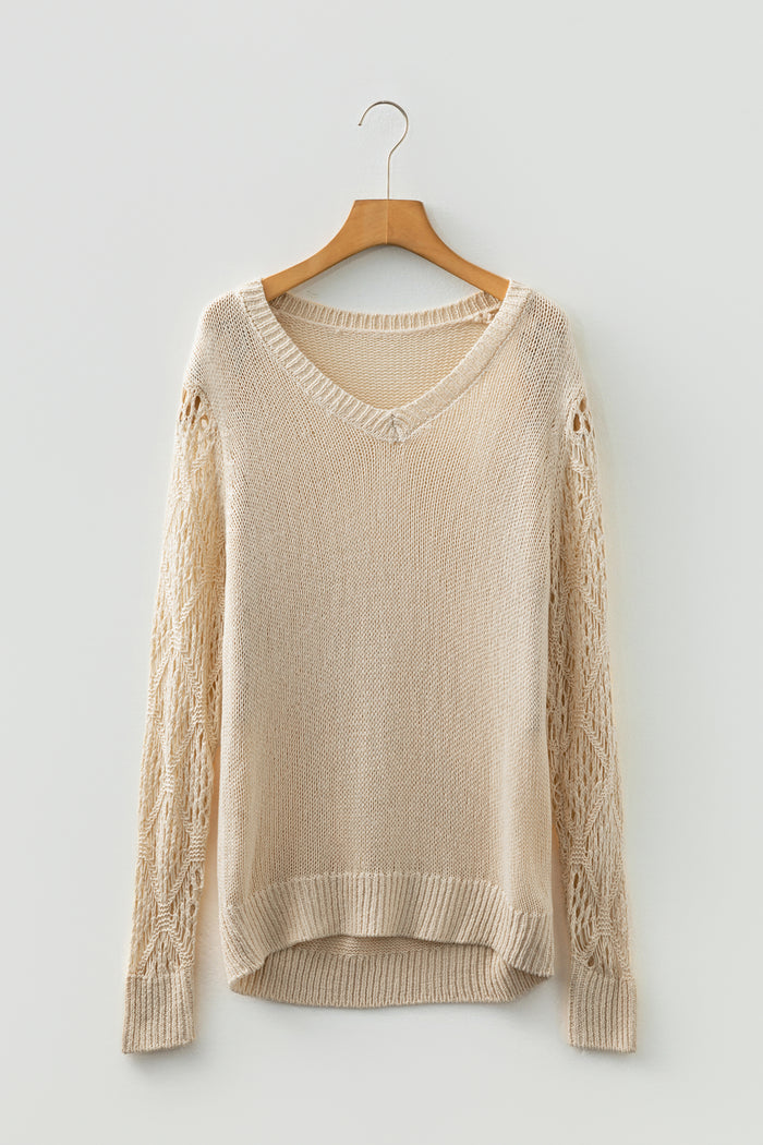 Jet Stream Solid V Neck Pointelle Knit Sleeve Patchwork Sweater
