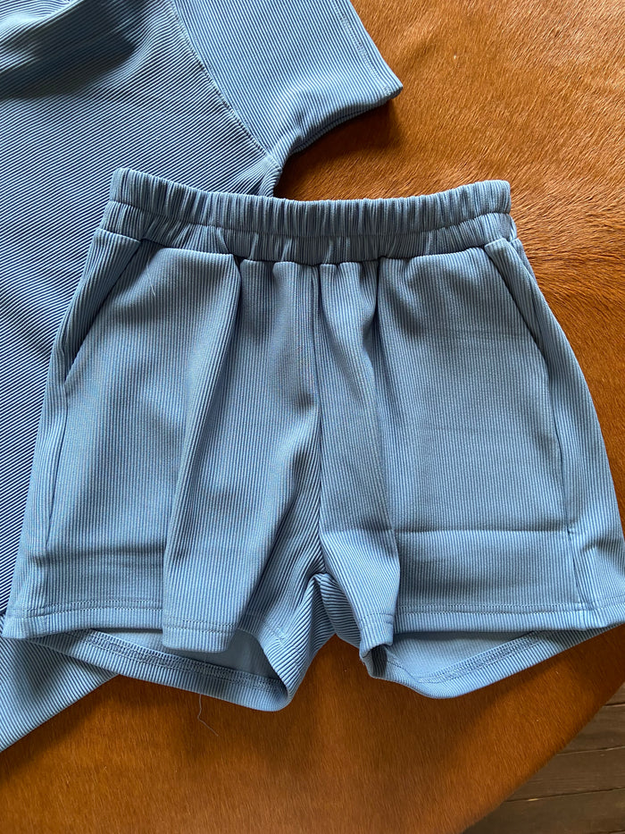 June's Dusty Blue Ribbed Shorts - Deer Creek Mercantile