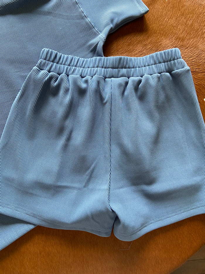 June's Dusty Blue Ribbed Shorts - Deer Creek Mercantile