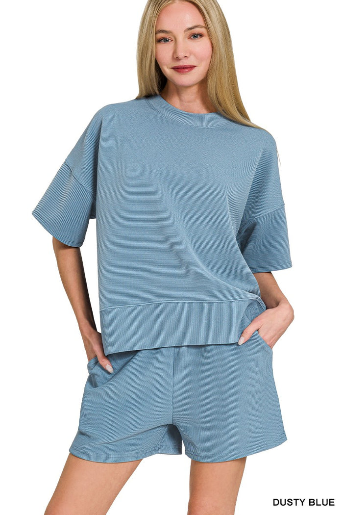 June's Dusty Blue Ribbed Top - Deer Creek Mercantile