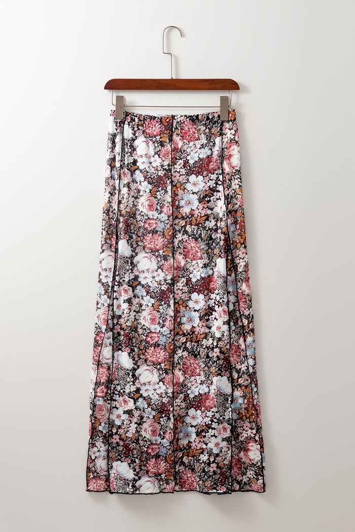 Jupe longue taille haute à imprimé floral marron