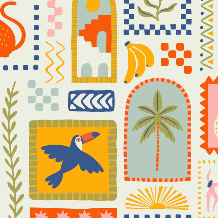 Colorful pattern with geometric shapes, a toucan, palm tree, and other elements on a white background.