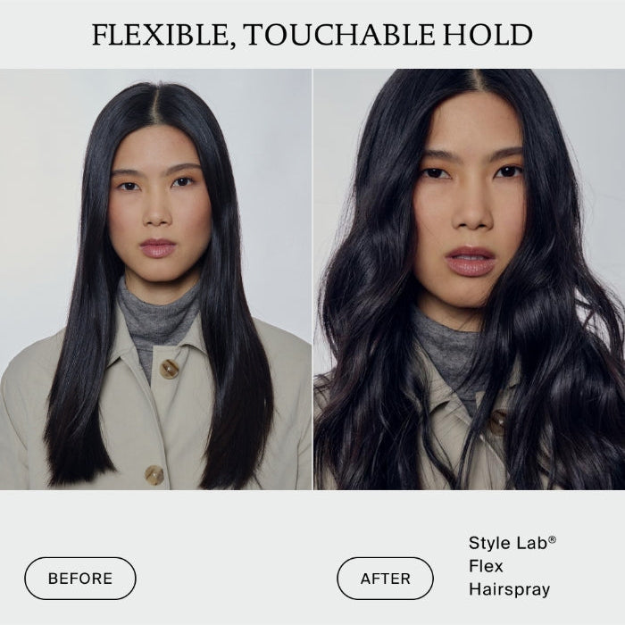 Before-and-after comparison of a model with long black hair, showing a flexible, touchable hold on the right compared to a straighter hold on the left. Text at the top reads 'FLEXIBLE, TOUCHABLE HOLD' and labels the sections BEFORE and AFTER.