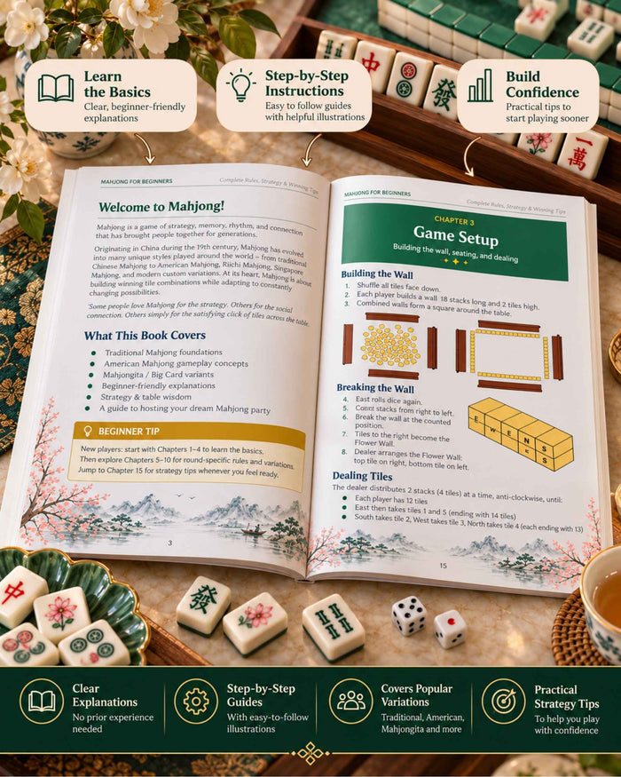 Mahjong guide book open to rules and scoring chapters, with diagrams and colorful headers