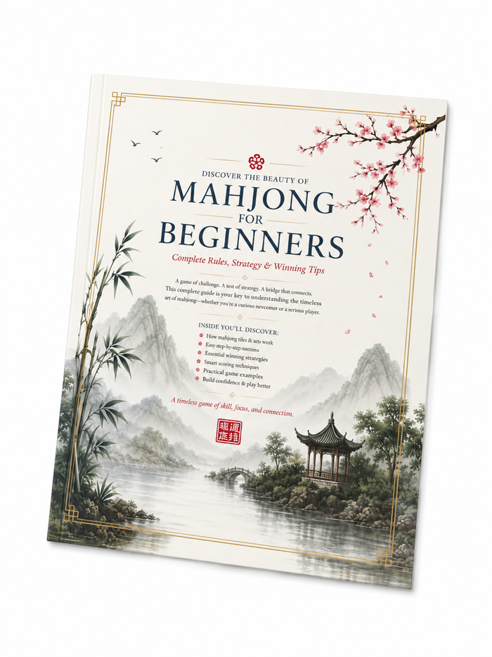 Mahjong for Beginners book cover with mountain lake scene and decorative plum blossoms