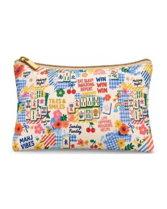 Printed zipper pouch with colorful mahjong-themed graphics and gold zip trim