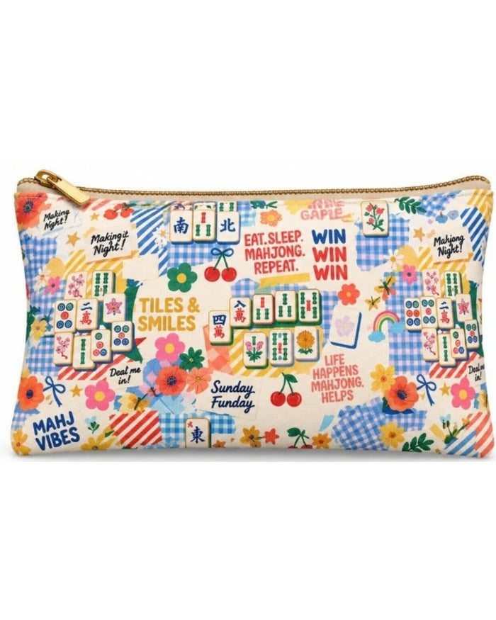 Printed pouch with colorful mahjong-themed graphics, floral accents, gold zipper