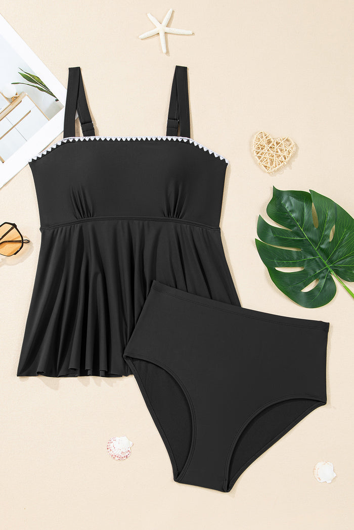 Maillot de bain 2 pièces tankini évasé noir à bretelles spaghetti