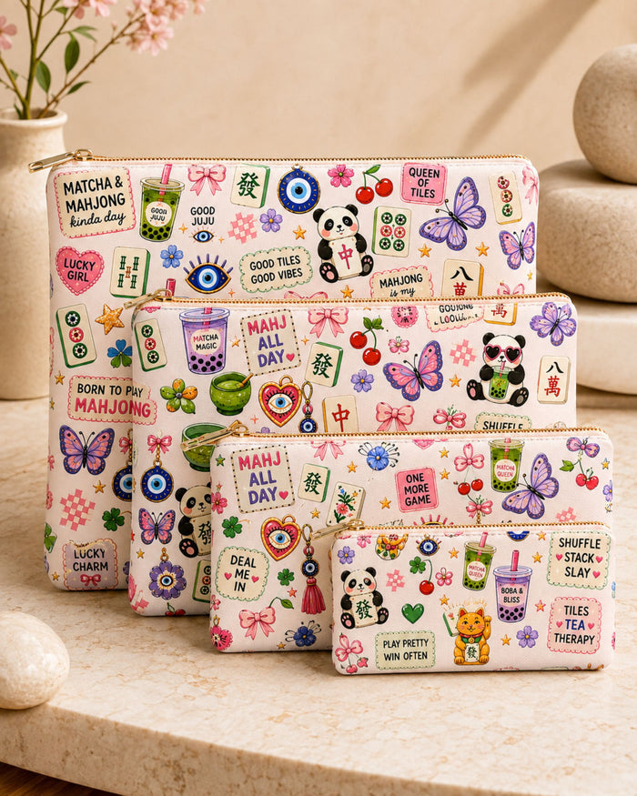 Vegan leather zipper pouch with colorful Mahjong and Matcha-themed icons