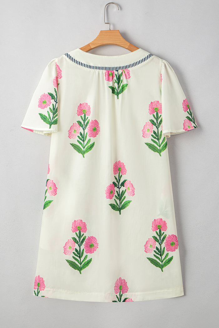 Mini-robe ample à manches courtes et col fendu, motif floral abricot