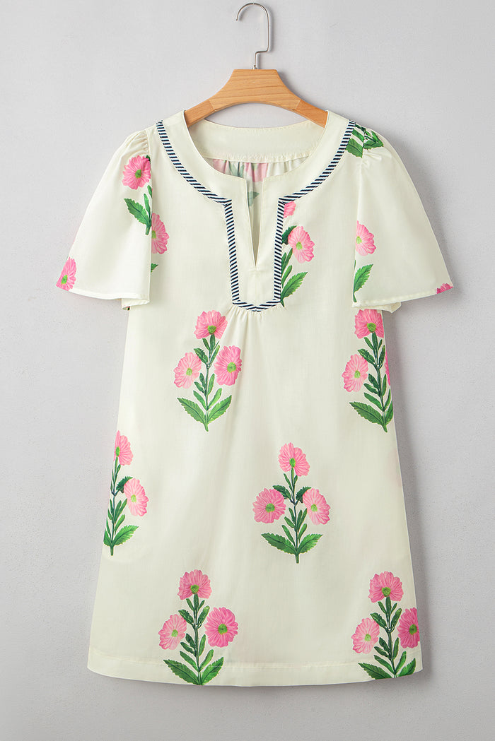 Mini-robe ample à manches courtes et col fendu, motif floral abricot