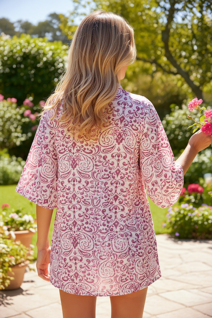 Mini-robe rose à imprimé cachemire et manches 3/4 *