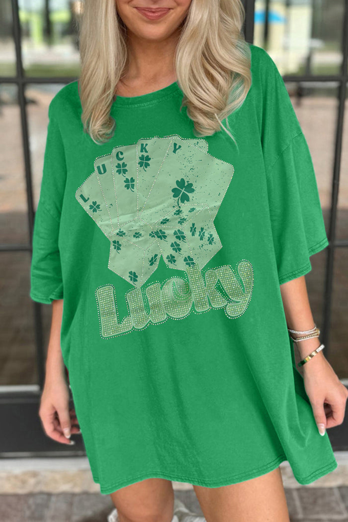 Mini robe t-shirt surdimensionné cartes de poker porte-bonheur strass vert vif