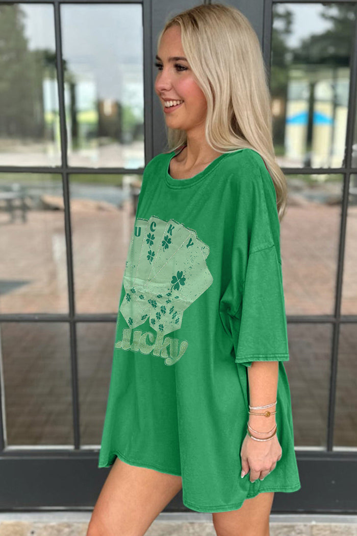 Mini robe t-shirt surdimensionné cartes de poker porte-bonheur strass vert vif