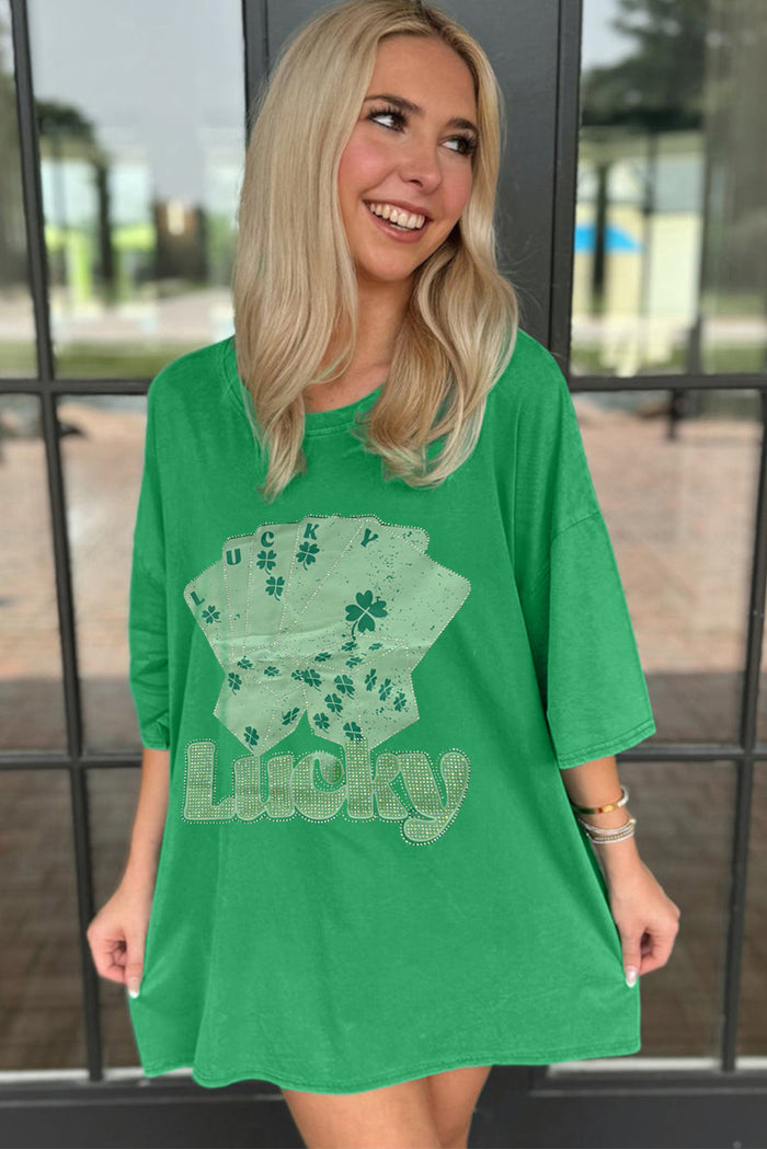 Mini robe t-shirt surdimensionné cartes de poker porte-bonheur strass vert vif